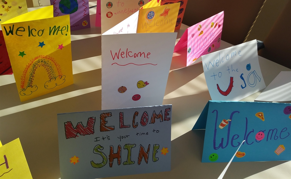 Image of cards made by children welcoming new immigrants to Minnesota.
